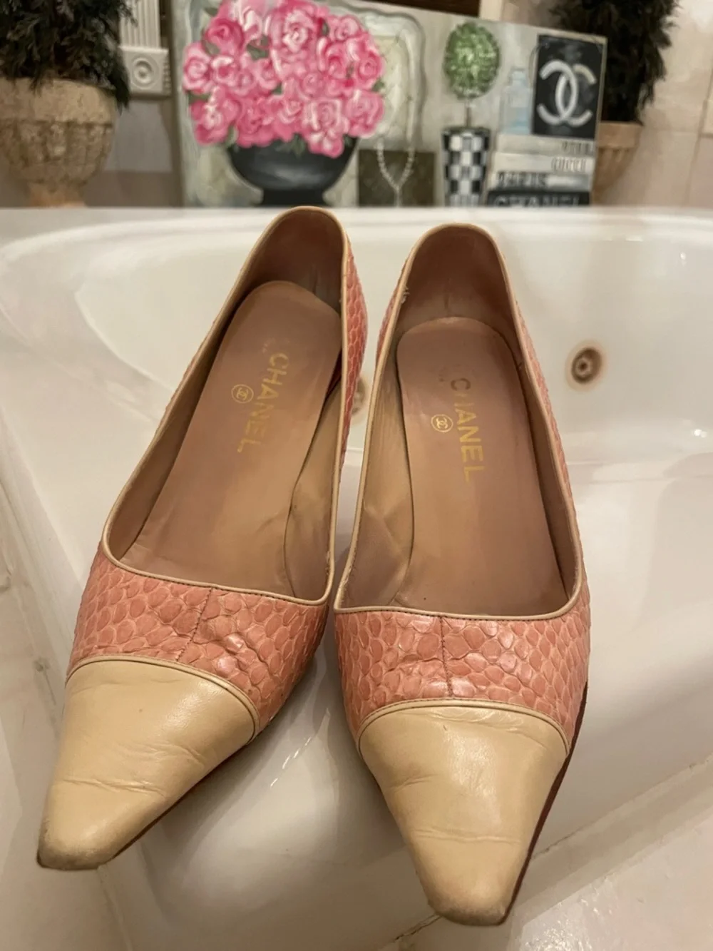 CHANEL Pink Textured Pumps with Cream Pointed Toe